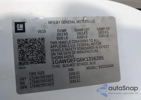 2019 Chevrolet Express 2500 Ls z USA, uszkodzony, nr VIN 1GAWGEFG6K1336295